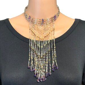 Beaded Multistrand Statement Necklace With Purple Gemstones & Fringe Design